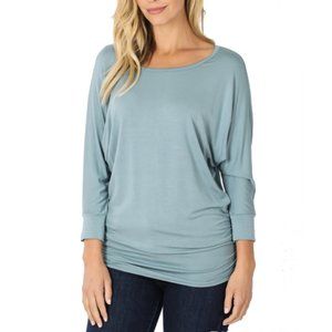 Blue Grey 3/4 Sleeve Shirred Dolman Shirt